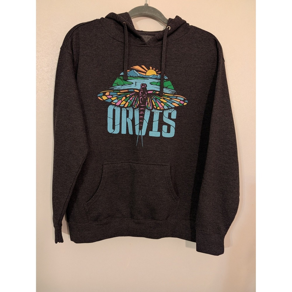 Orvis Dragonfly Graphic Hoodie Charcoal Grey Cotton Blend Sweatshirt Large